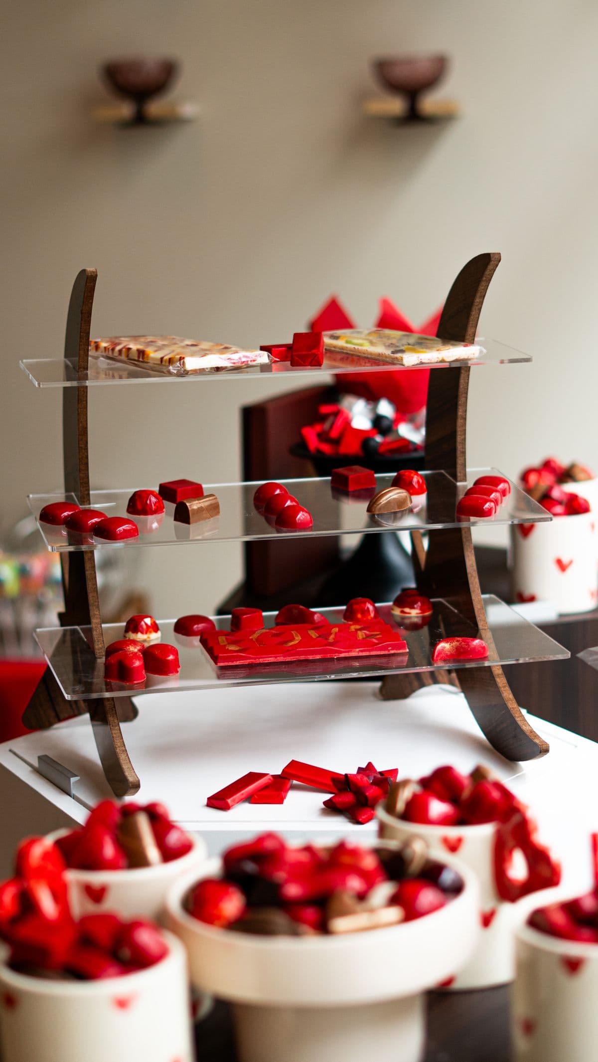 Tiered countertop display stand showing products